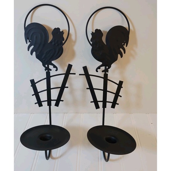 The Unbranded Brand Other - 2 VTG Blk Candle Wall Sconce Wrought Iron Chick Rooster Country Folk Art Rustic